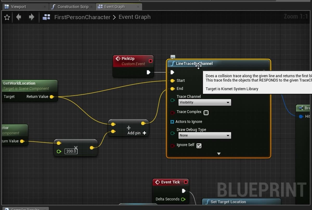 Line traces that detect and pick up objects in first person.