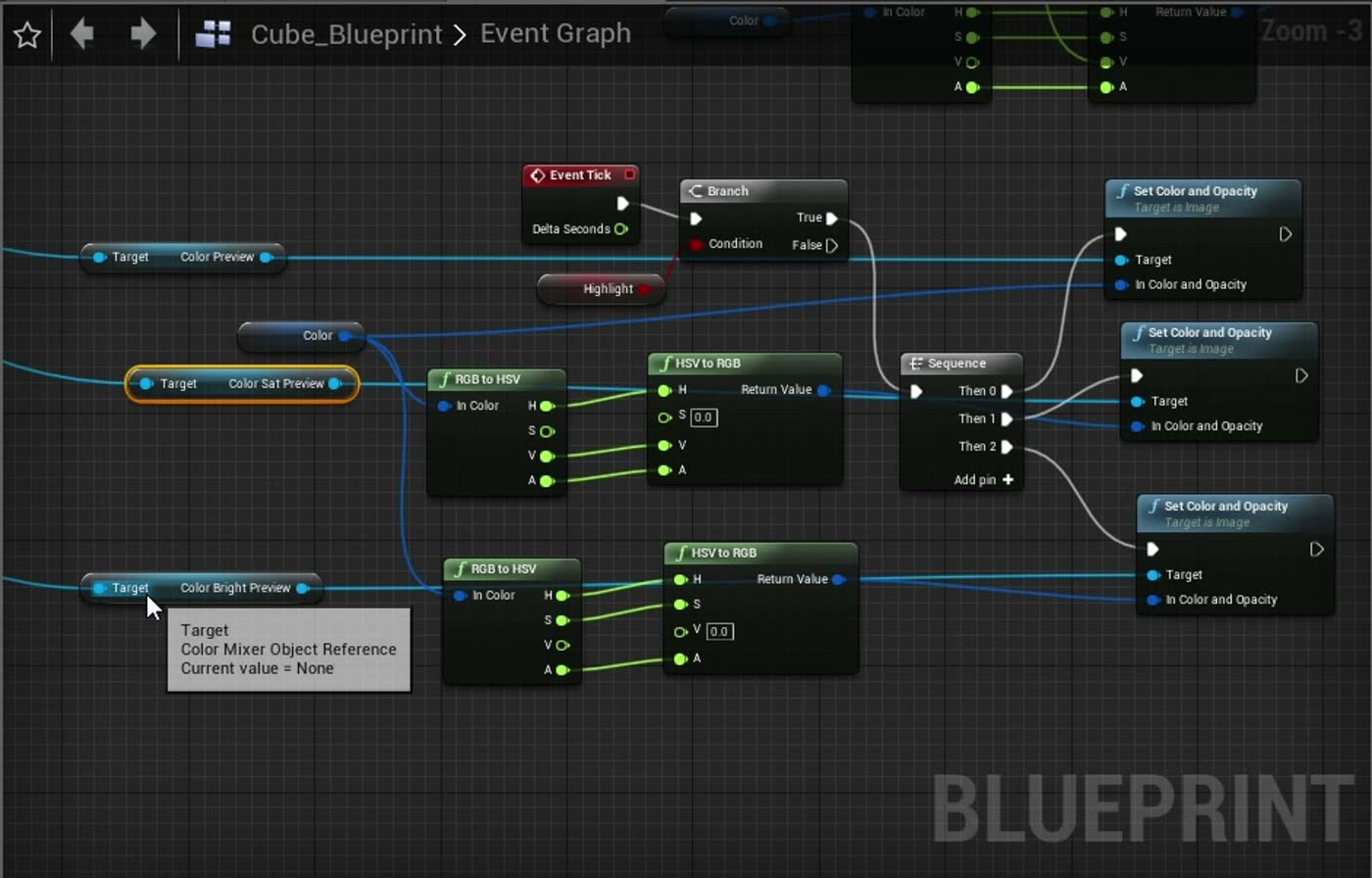 Unreal Engine Blueprint graph from the course: a color picker built with RGB to HSV nodes